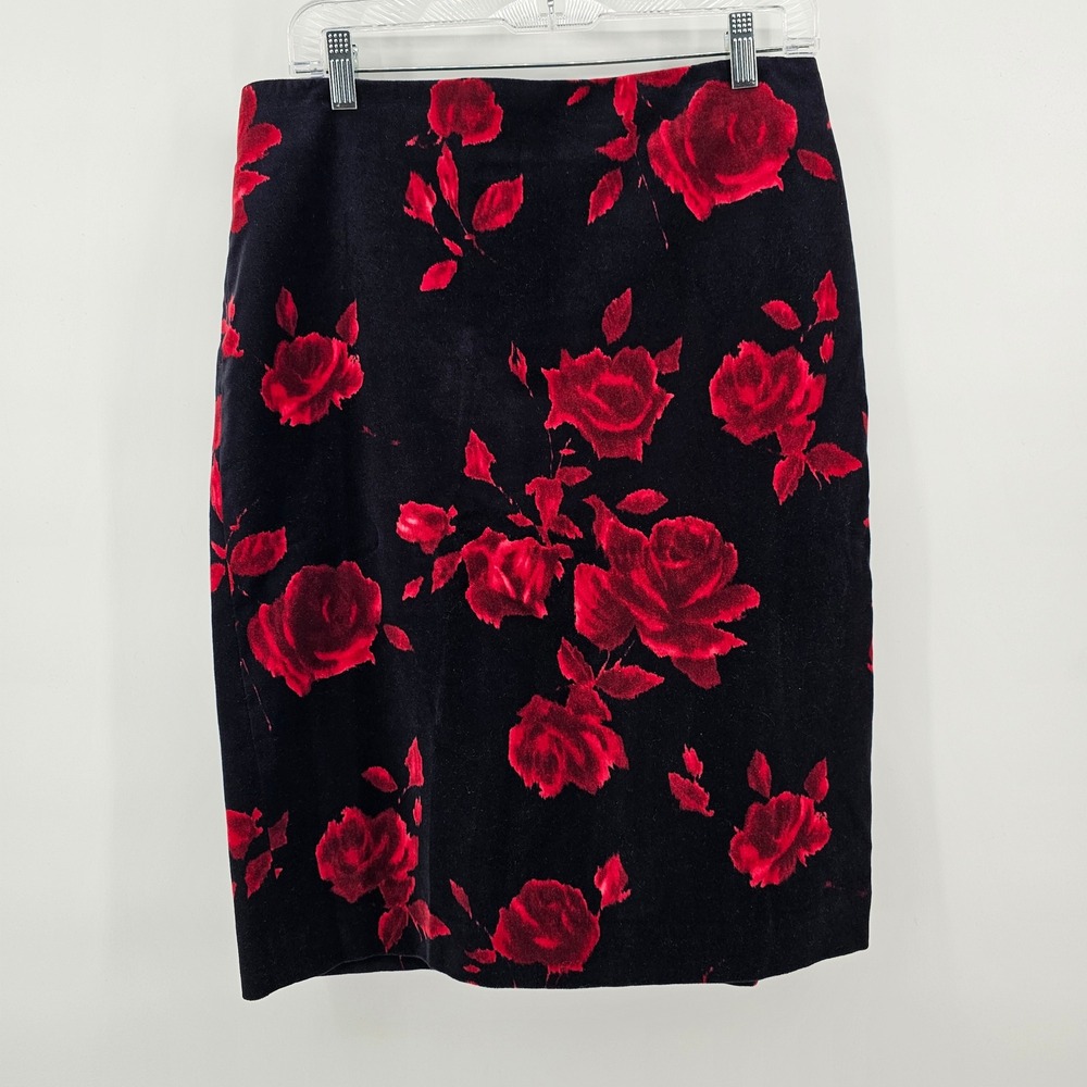Talbots Pencil Skirt Womens 8 Black Red Rose Floral Velvet Cotton Straight Vent